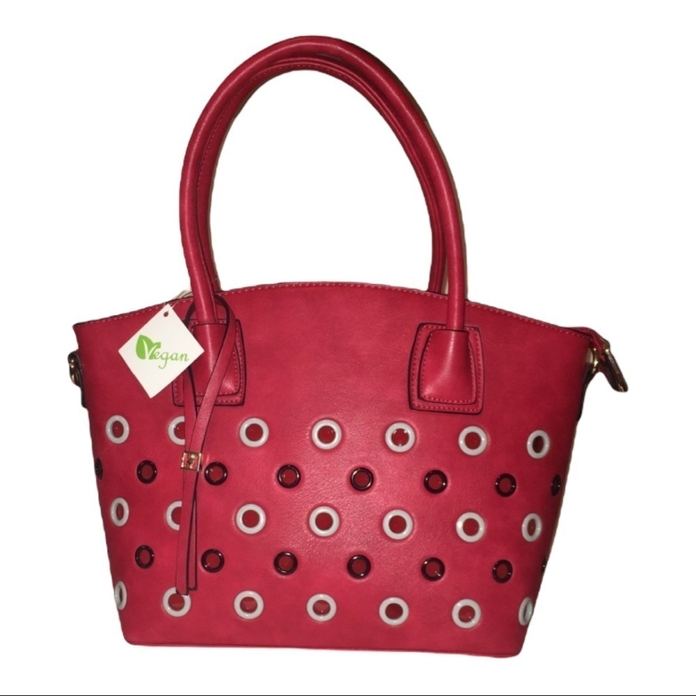 Eco-Friendly Sustainable Vegan Leather Red Grommet Tote